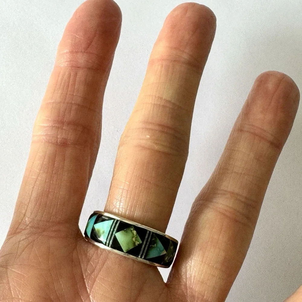 Navajo Turquoise Wedding Band Inlay Opal Multi Stone Ring Sz 11 9mm Men Unsigned